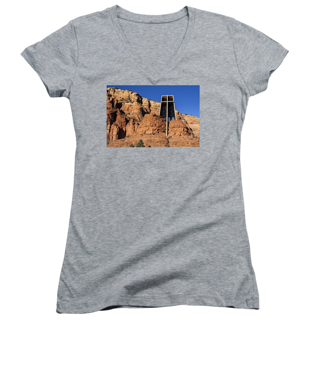 Fred Larson Women's V-Neck featuring the photograph Chapel of the Holy Cross by Fred Larson