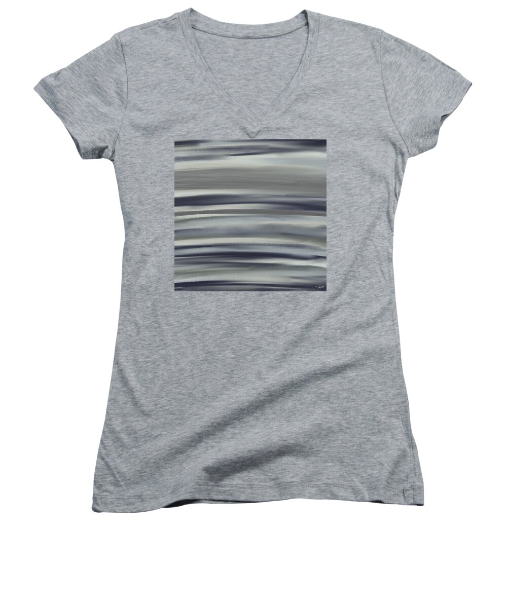 Charcoal Gray Women's V-Neck featuring the painting Charcoal And Blue by Lourry Legarde