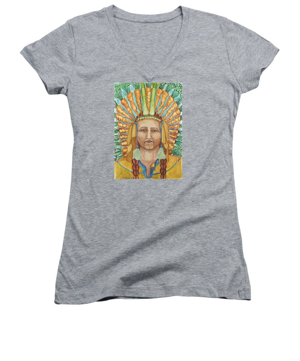 Indian Chief Women's V-Neck featuring the painting Chief 24 Carrots by Carol Oufnac Mahan