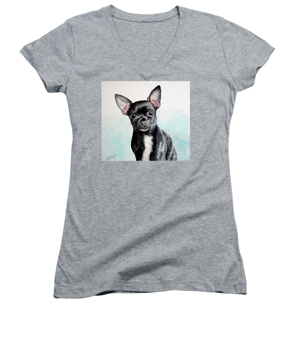 Dog Women's V-Neck featuring the painting Chihuahua black by Christopher Shellhammer