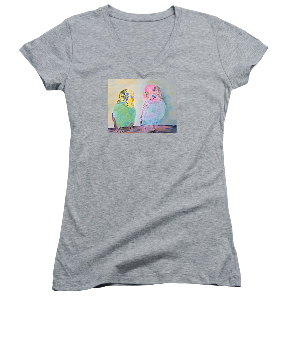 Parakeets Women's V-Neck featuring the painting Childhood Parakeets by Meryl Goudey