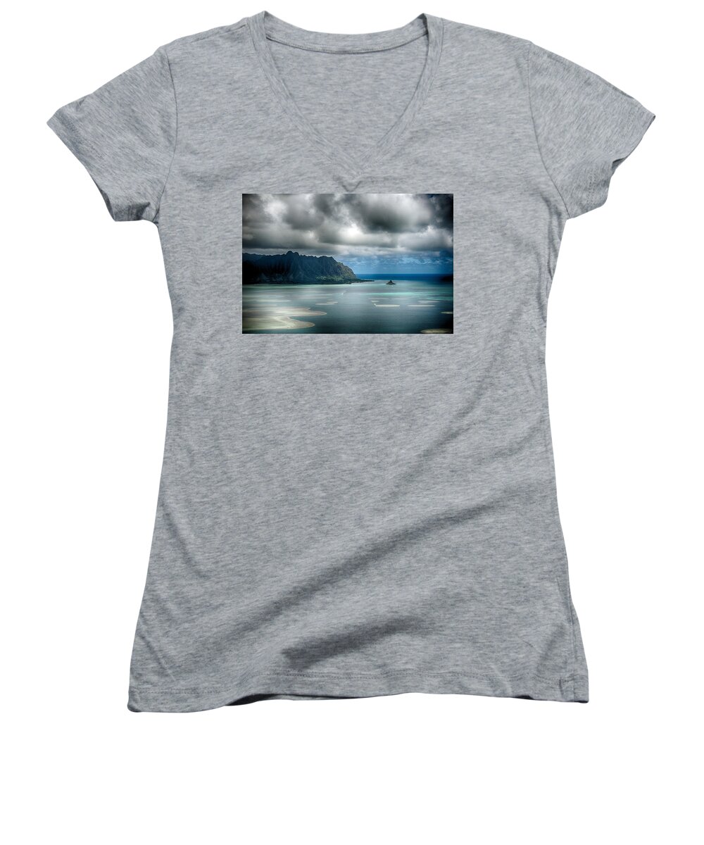 Hawaii Women's V-Neck featuring the photograph Chinaman's Hat from Puu Maelieli by Dan McManus