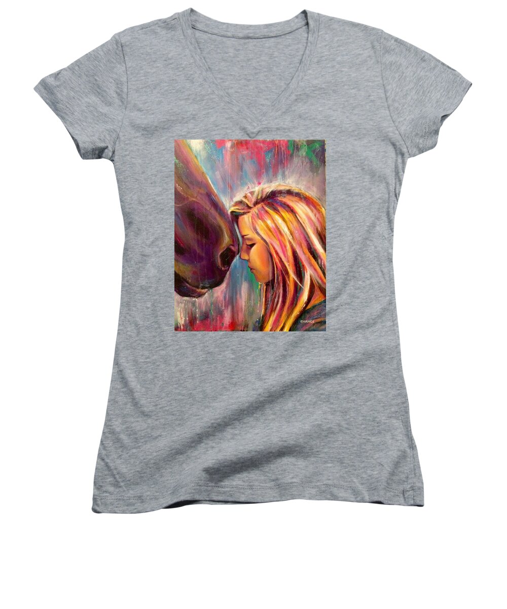  Women's V-Neck featuring the painting Chrissy and Rusty by Robyn Chance