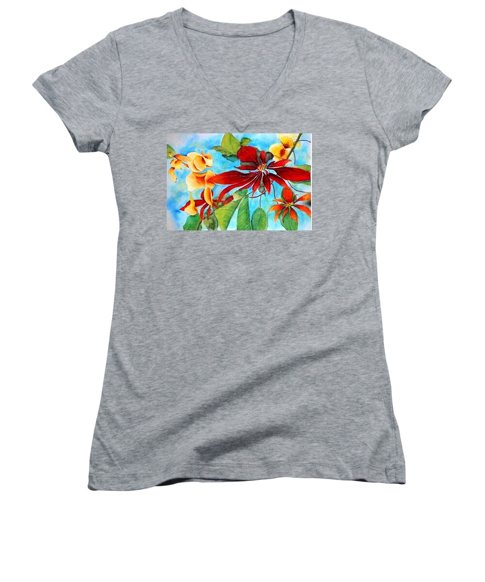 Watercolor Women's V-Neck featuring the painting Christmas All Year Long by Debbie Lewis
