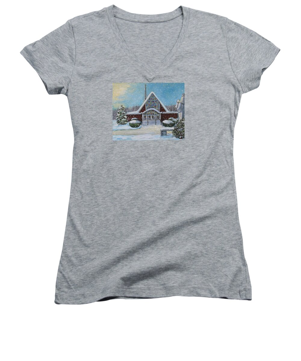 Landscape Women's V-Neck featuring the painting Christmas Morning at Our Lady's Church by Rita Brown