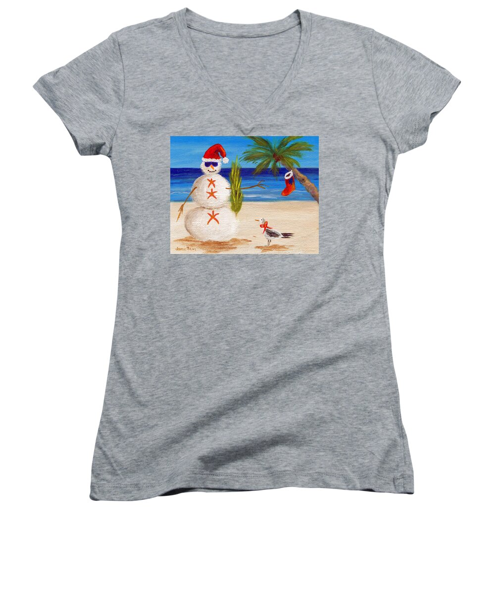 Christmas Women's V-Neck featuring the painting Christmas Sandman by Jamie Frier