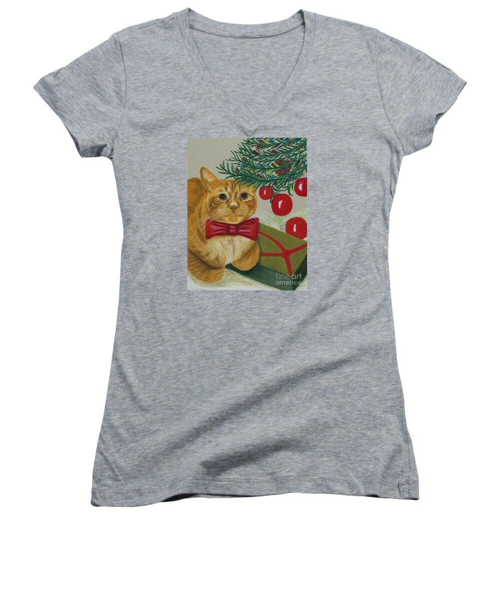Christmas With Rufus By Annette M Stevenson Women's V-Neck featuring the painting Christmas With Rufus by Annette M Stevenson