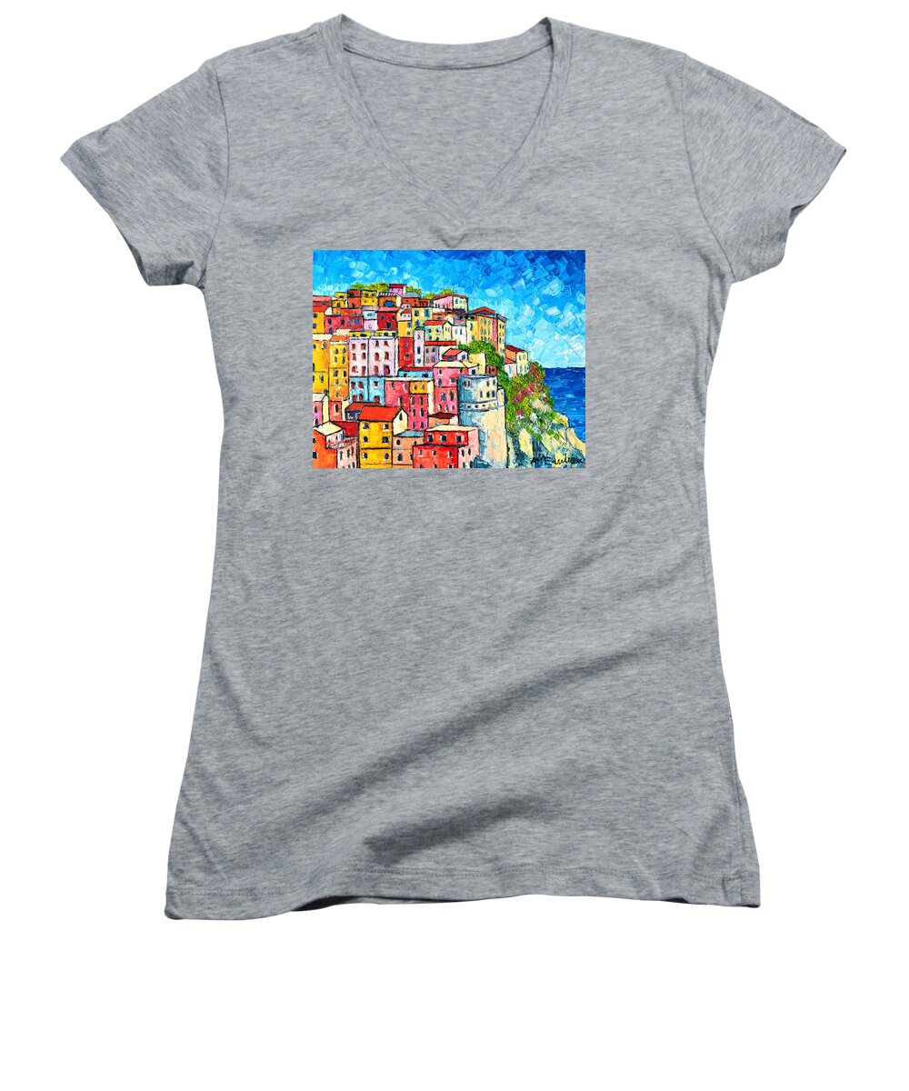 Manarola Women's V-Neck featuring the painting Cinque Terre Italy Manarola Colorful Houses by Ana Maria Edulescu