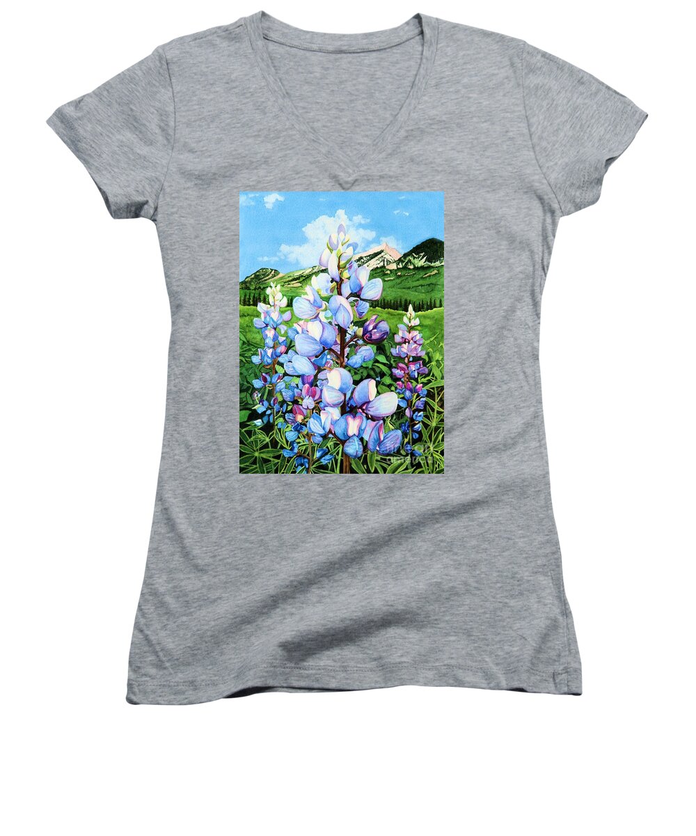 Flowers Women's V-Neck featuring the painting Colorado Summer Blues by Barbara Jewell