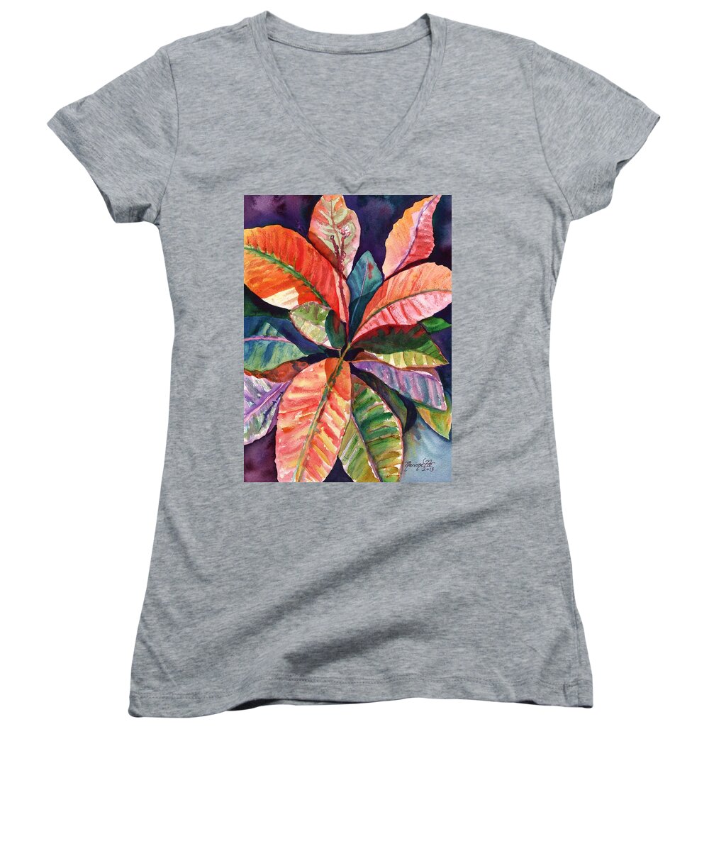 Tropical Leaves Women's V-Neck featuring the painting Colorful Tropical Leaves 1 by Marionette Taboniar