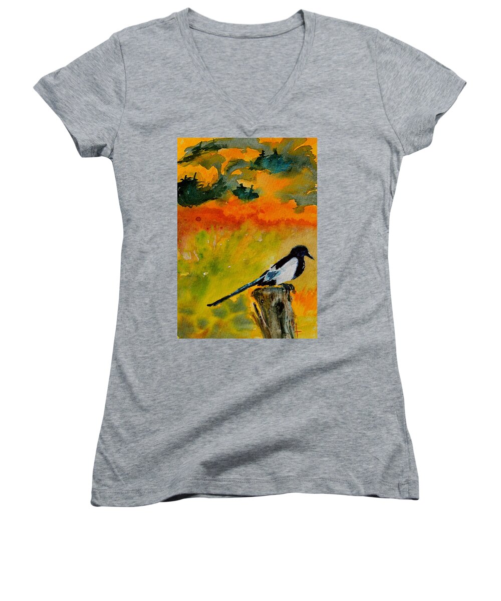 Magpie Women's V-Neck featuring the painting Consider by Beverley Harper Tinsley