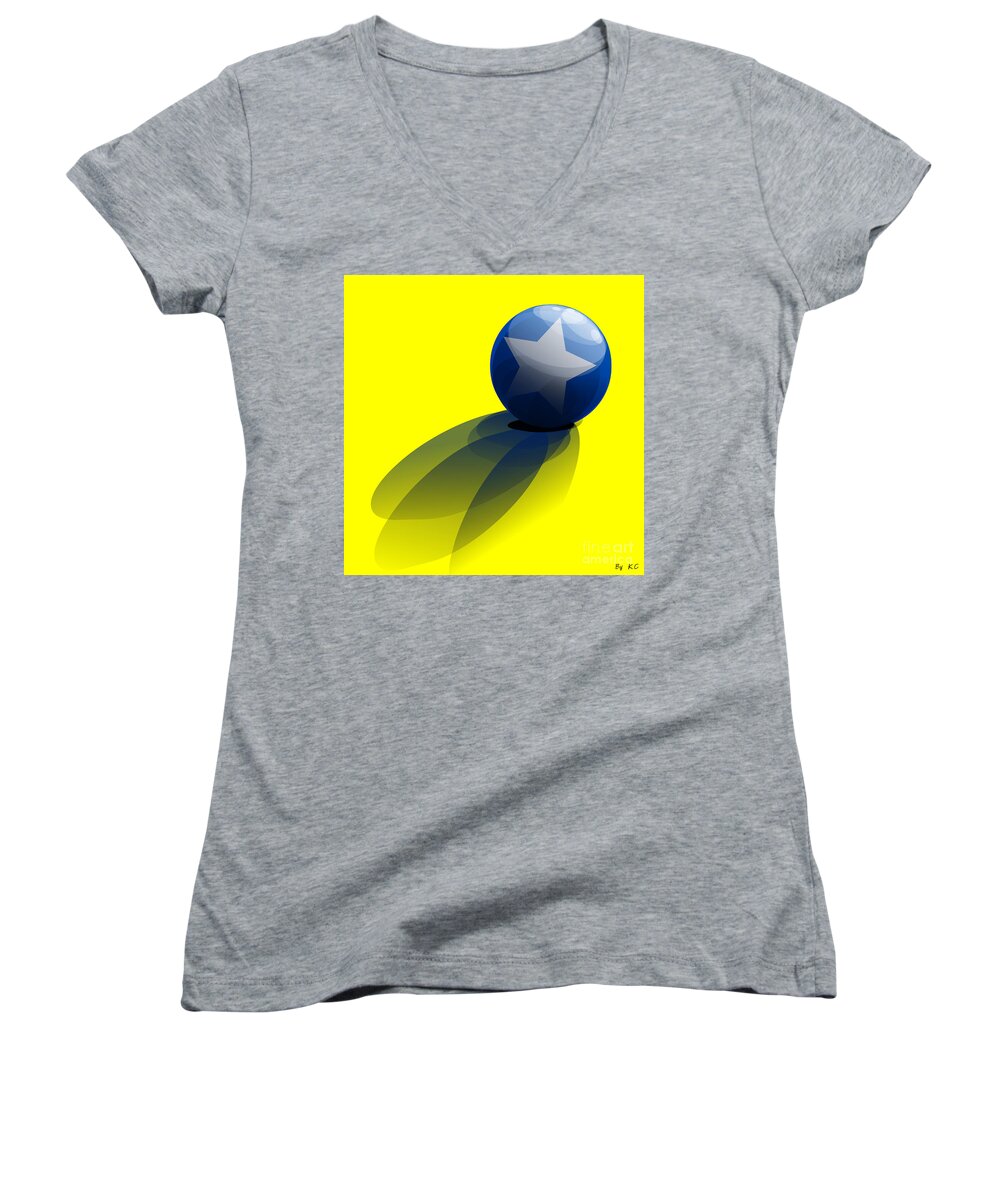 Yellow Women's V-Neck featuring the digital art Blue Ball decorated with star yellow background by Vintage Collectables