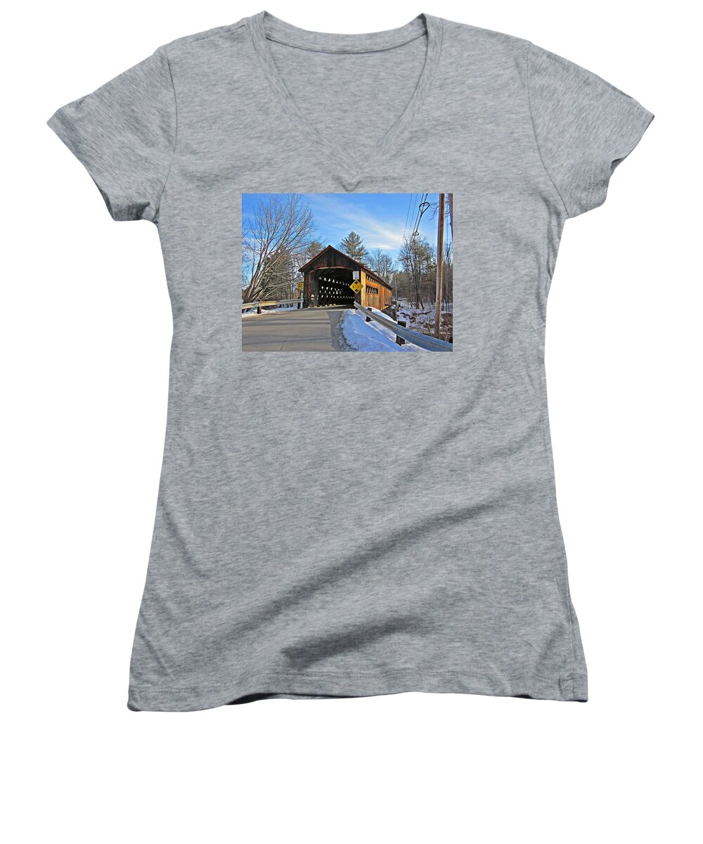 Coombs Bridge Women's V-Neck featuring the photograph Coombs Covered Bridge by MTBobbins Photography