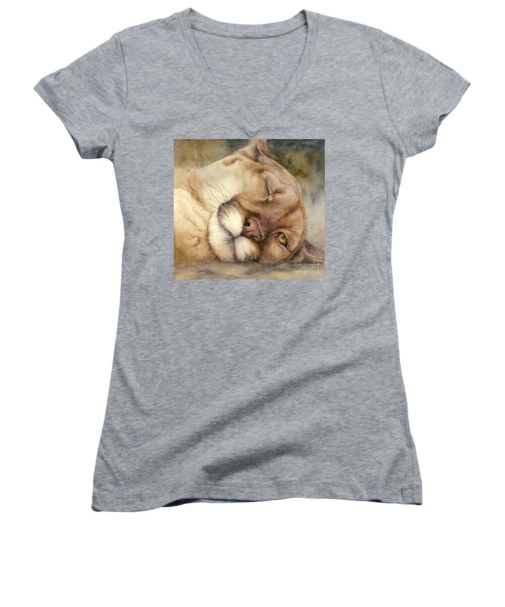 Cougar Women's V-Neck featuring the painting Cougar  I See You   by Bonnie Rinier