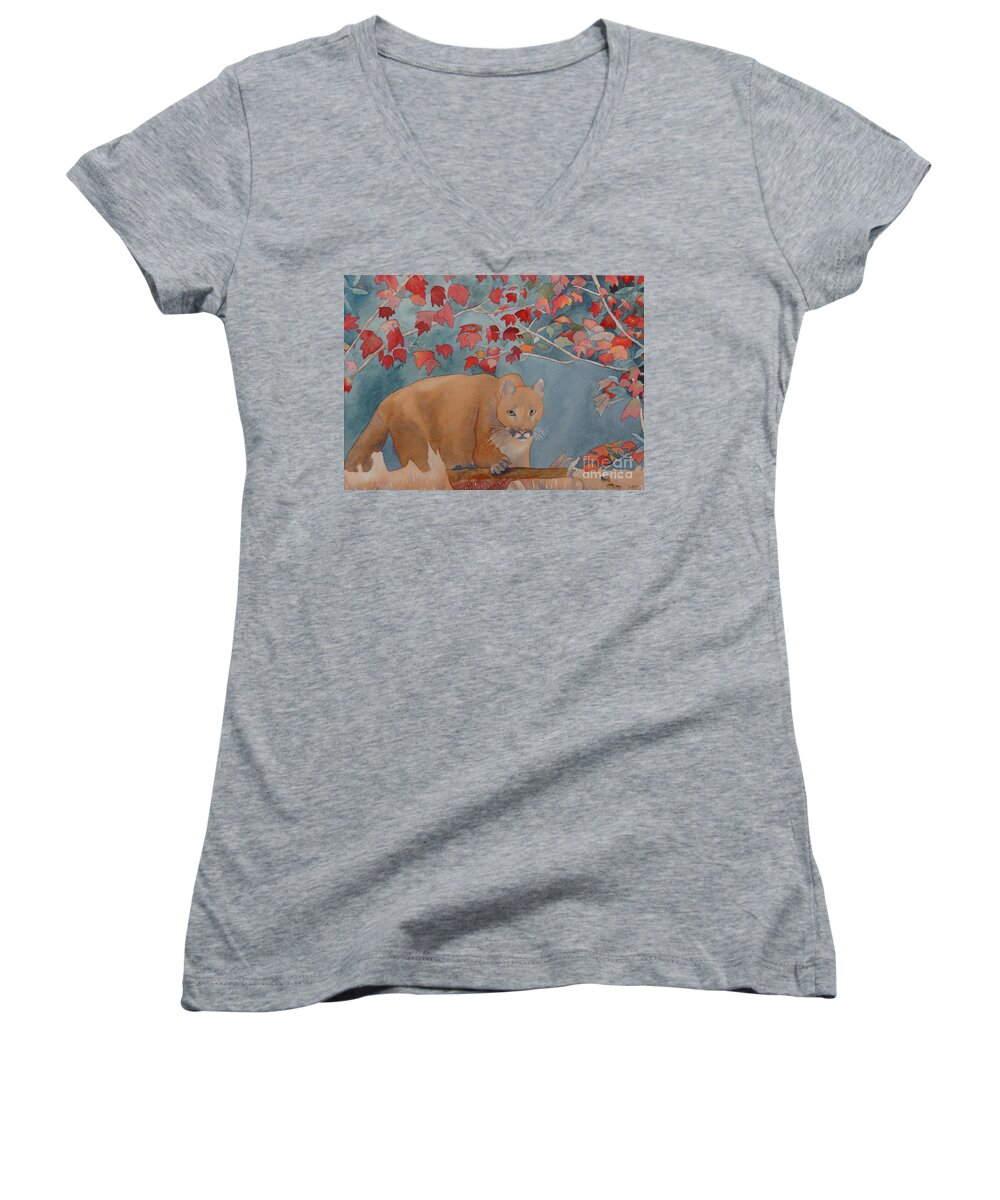 Cougar Women's V-Neck featuring the painting Cougar by Laurel Best