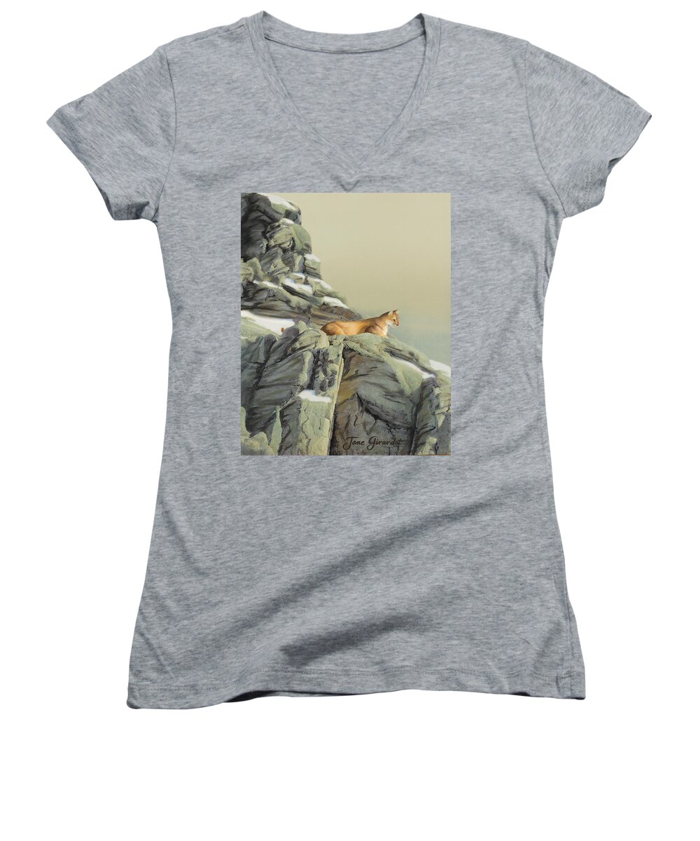 Cougar Women's V-Neck featuring the painting Cougar Perch by Jane Girardot