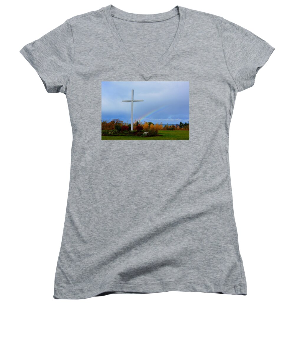 Cross Women's V-Neck featuring the photograph Cross at the End of the Rainbow by Keith Stokes