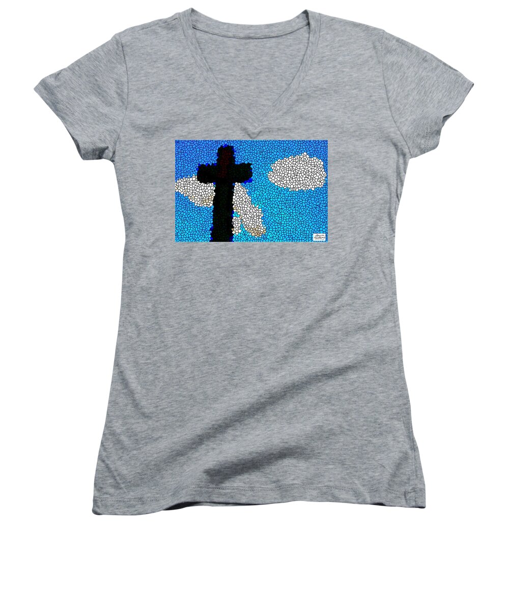 Blue Women's V-Neck featuring the painting Cross Stained Glass by Bruce Nutting
