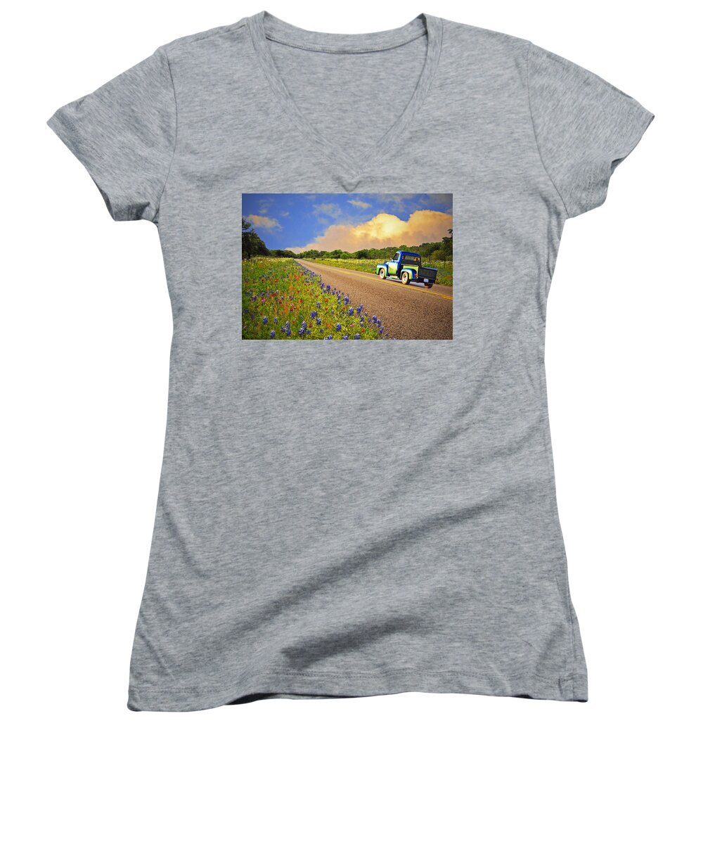 Spring Women's V-Neck featuring the photograph Crusin' the Hill Country in Spring by Lynn Bauer