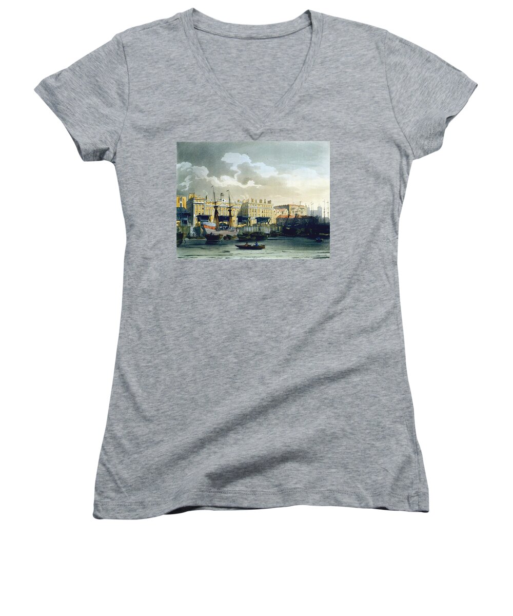 Dock Women's V-Neck featuring the drawing Custom House From The River Thames by T. & Pugin, A.C. Rowlandson