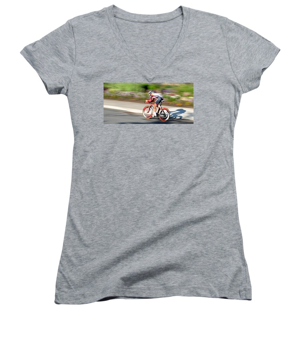 Cycling Women's V-Neck featuring the photograph Cyclist Time Trial by Kevin Desrosiers