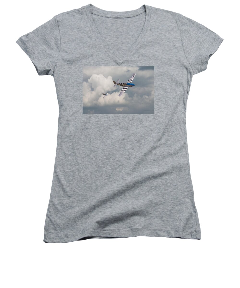 Aircraft Women's V-Neck featuring the digital art D-Day Mustangs by Pat Speirs