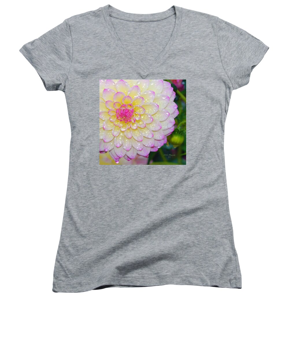 Dahlia Women's V-Neck featuring the photograph Dahlia Kissed By The Rain by Jeanette C Landstrom