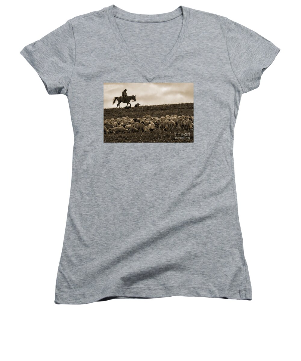 Sheep Women's V-Neck featuring the photograph Days End Sheep Herding by Priscilla Burgers