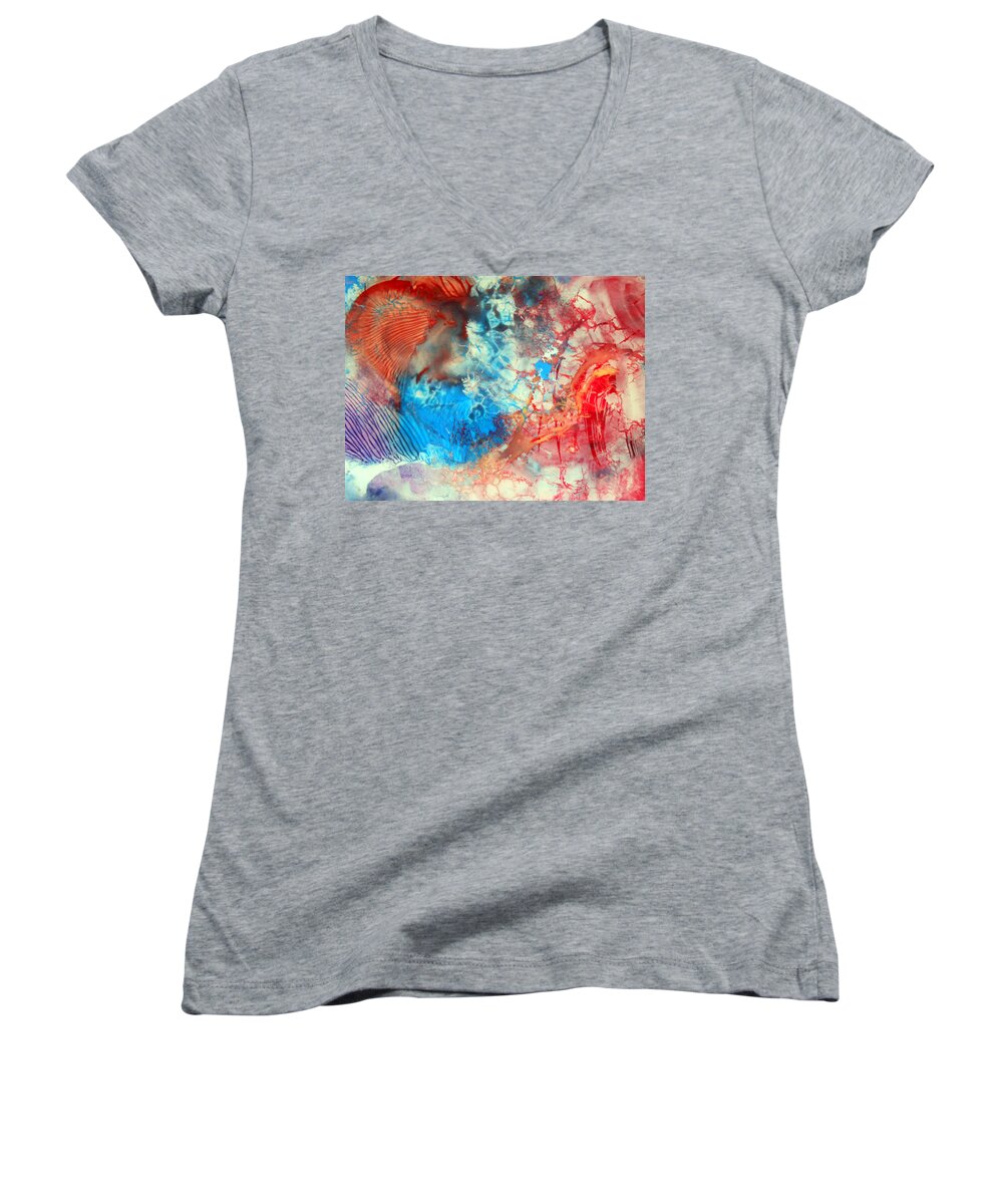Decalcomaniac Women's V-Neck featuring the painting Decalcomaniac Colorfield Abstraction Without Number by Otto Rapp
