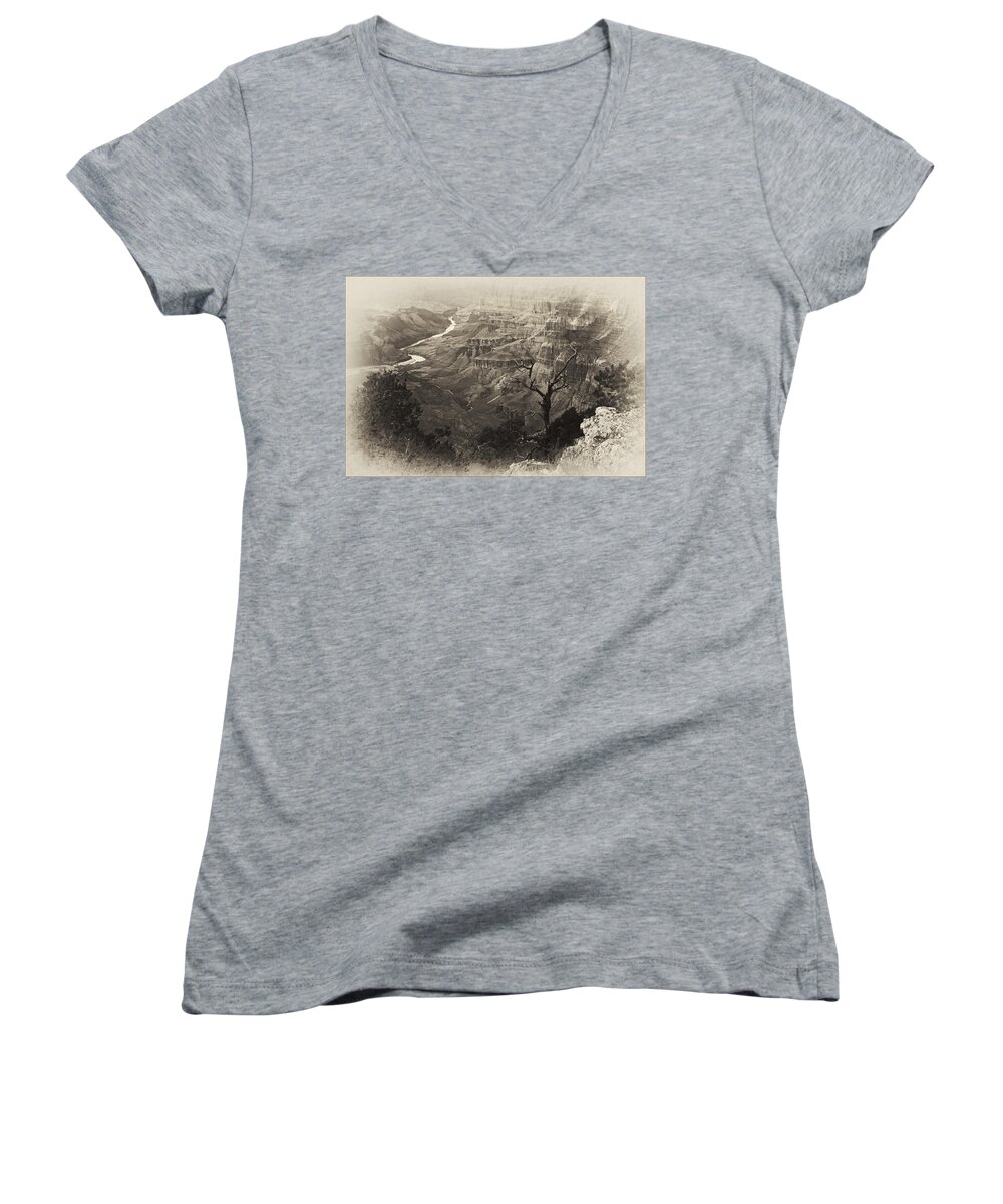 Grand Canyon National Park Women's V-Neck featuring the photograph Desert View Sunset- Sepia by Priscilla Burgers