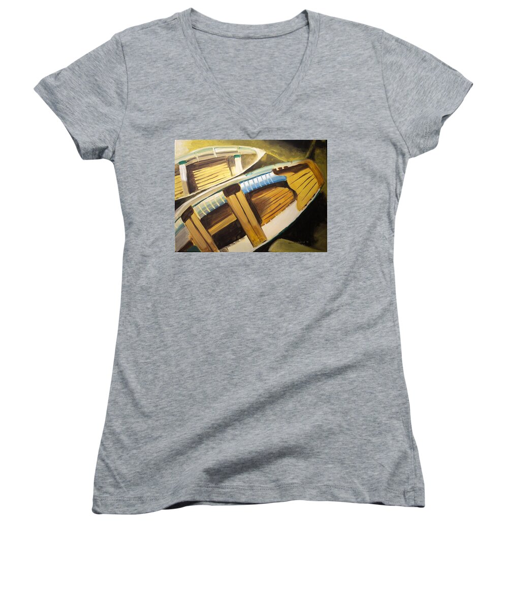 Row Boats Women's V-Neck featuring the painting Docked by Melissa Herrin