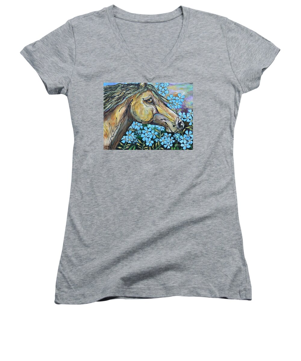 Horse Women's V-Neck featuring the painting Don't Forget Me by Jonelle T McCoy