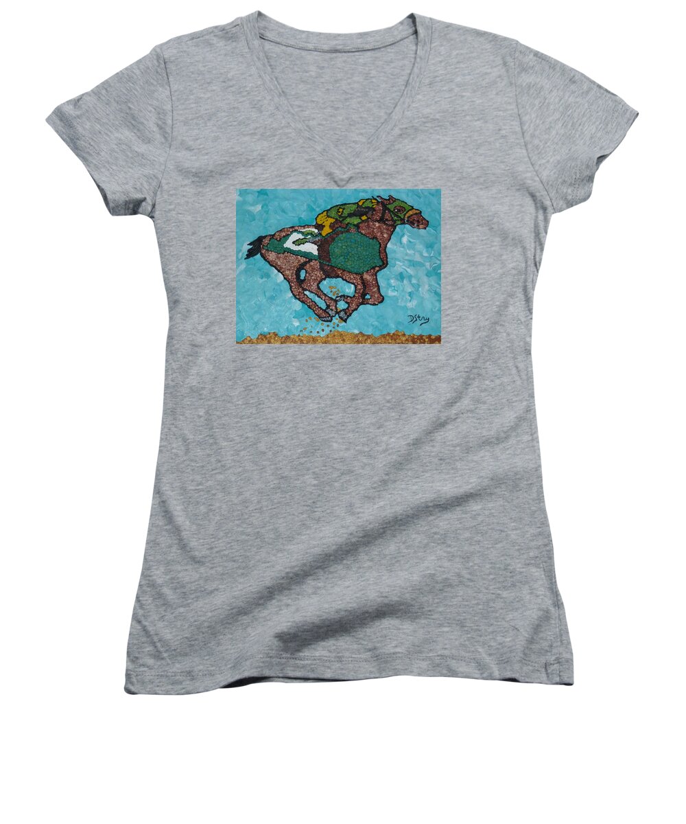Horse Women's V-Neck featuring the mixed media Down the Stretch by Deborah Stanley