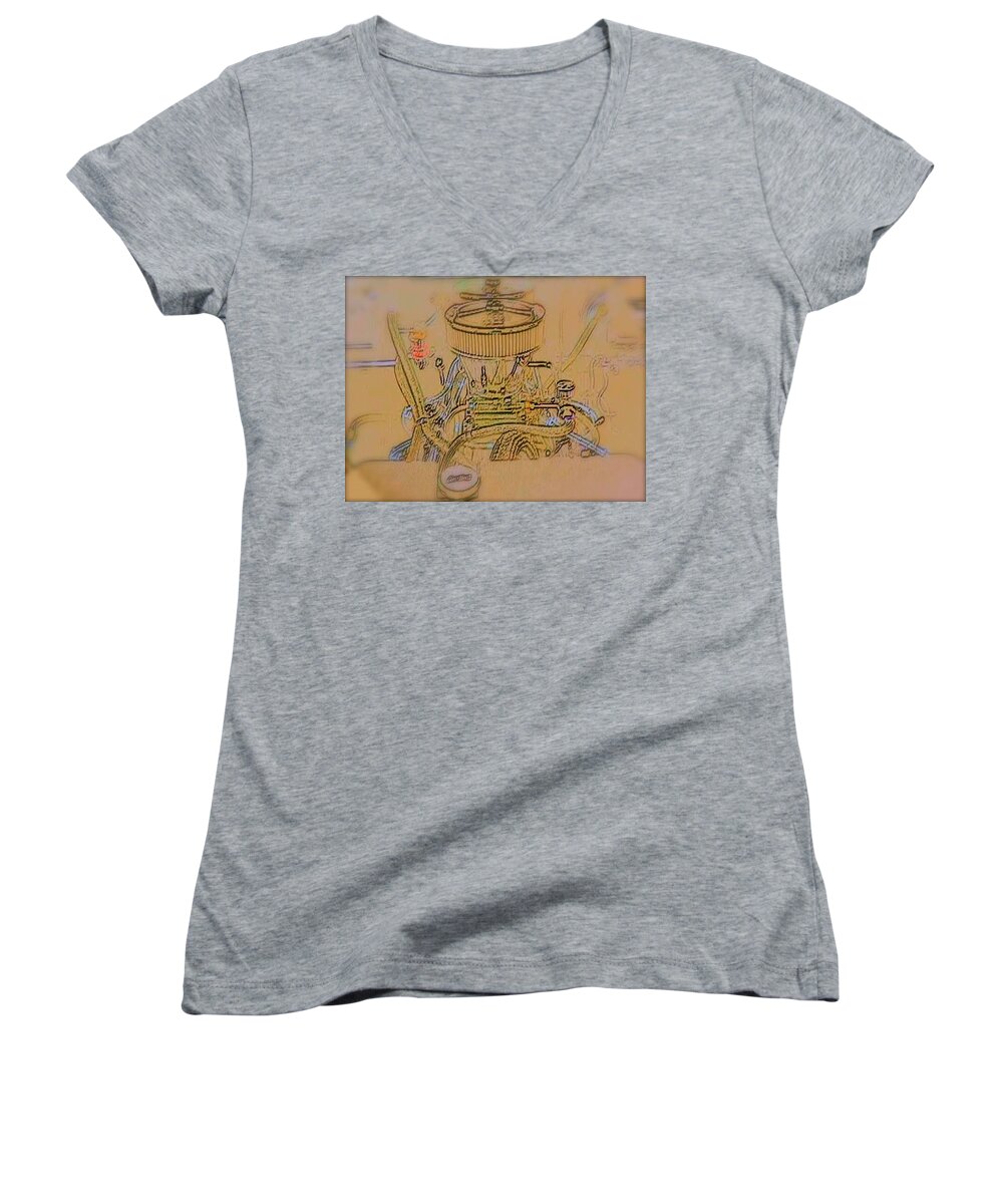 Cars Women's V-Neck featuring the photograph Drawing Of Old Time Engine by Chris W Photography AKA Christian Wilson