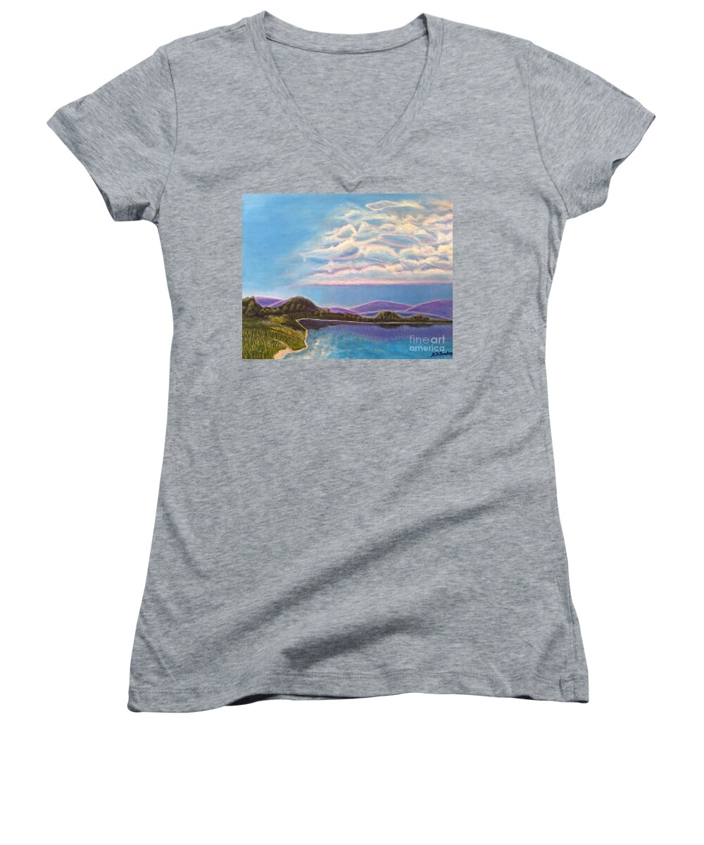 Nature Scene Ocean Paintings Children's Art Deciduous Trees And Mountains In Background Grasses In The Foreground Wild Small Yellow Flowers Crystal Turquoise Blue Water With Refection Of Mountains In Water Interesting Cloud Shapes Acrylic Painting  Women's V-Neck featuring the painting Dreamscapes by Kimberlee Baxter