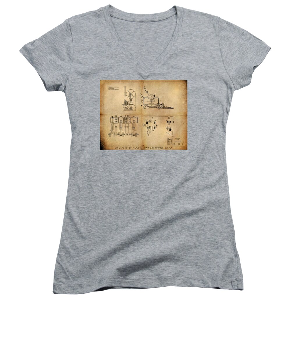 Steampunk Women's V-Neck featuring the painting Drive System Assemblies by James Hill