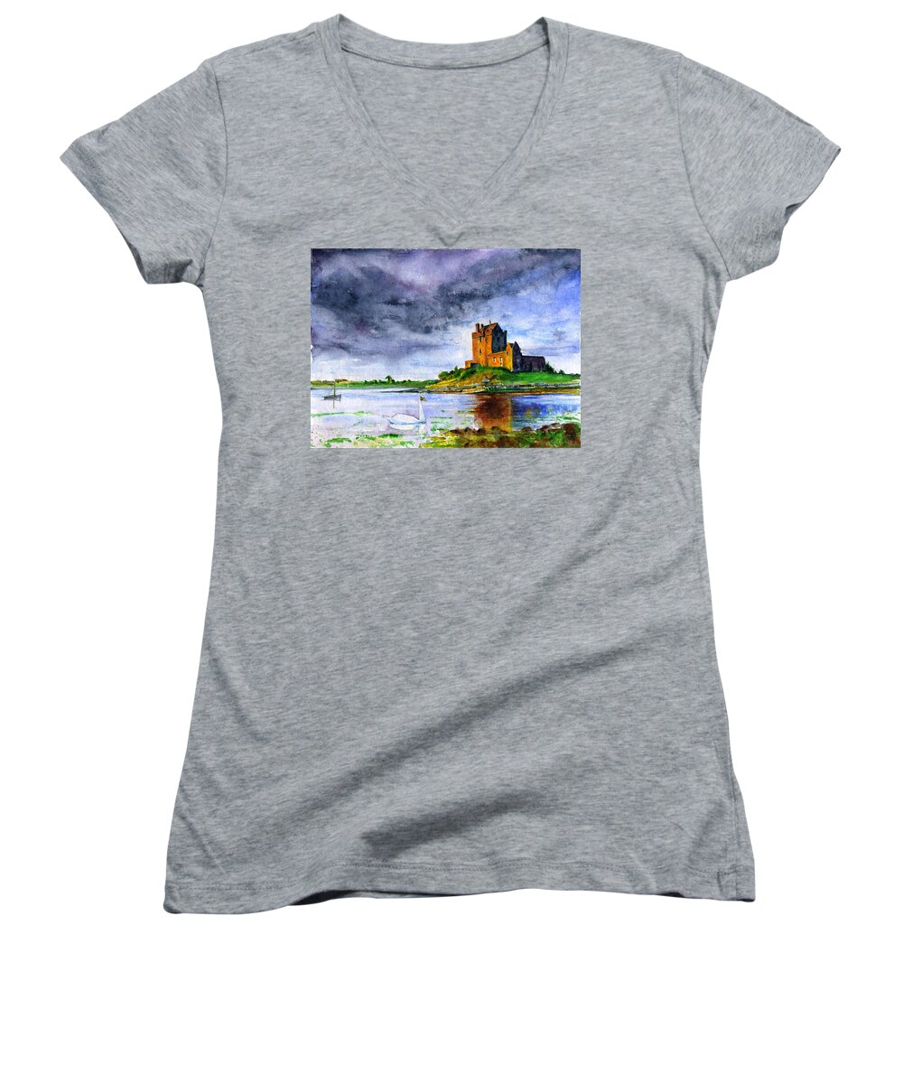 Dunguaire Women's V-Neck featuring the painting Dunguaire Castle Ireland by John D Benson