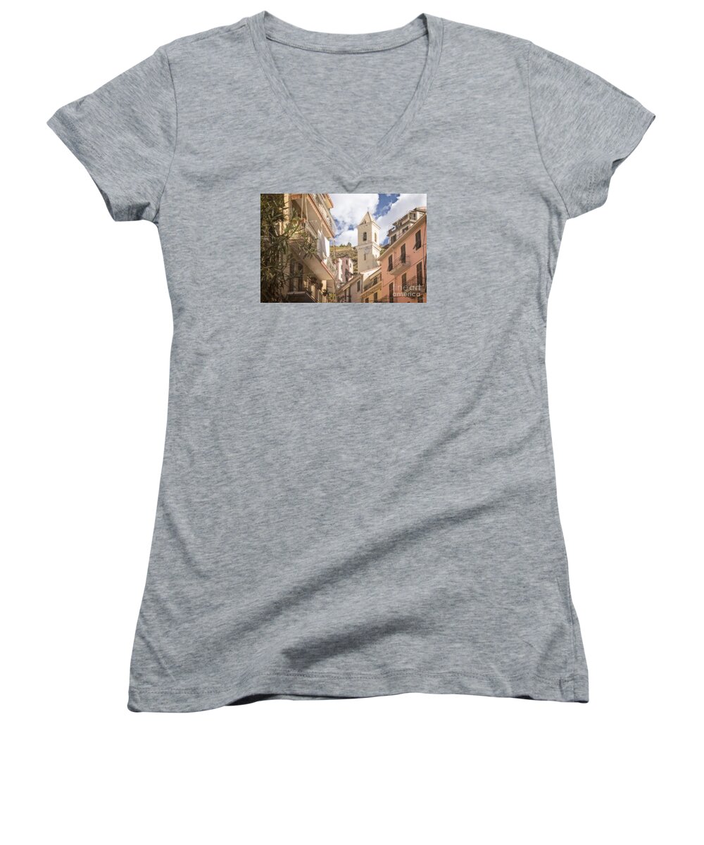 Cinque Terre Women's V-Neck featuring the photograph Duomo Bell Tower of Manarola by Prints of Italy