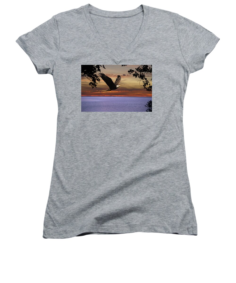 American Bald Eagle Women's V-Neck featuring the photograph Eagle over Erie by Randall Branham
