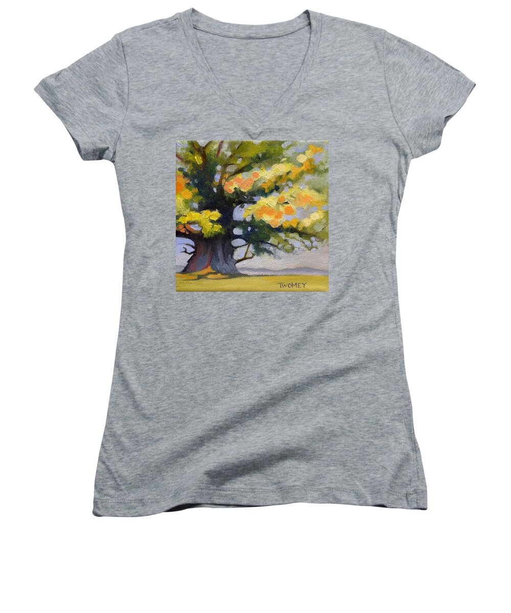 Oak Women's V-Neck featuring the painting Earlysville Virginia Ancient White Oak by Catherine Twomey