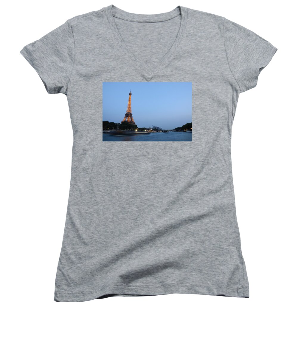 Seine Women's V-Neck featuring the photograph Eifel Tower at Dusk by Jeremy Voisey