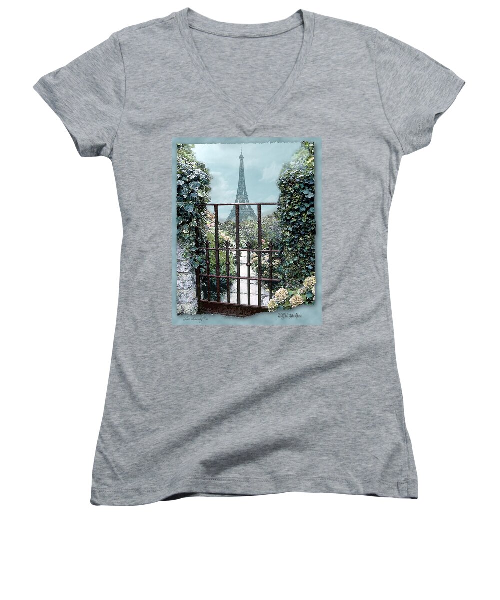 Eiffel Tower Women's V-Neck featuring the photograph Eiffel Garden in Blue by Lee Owenby