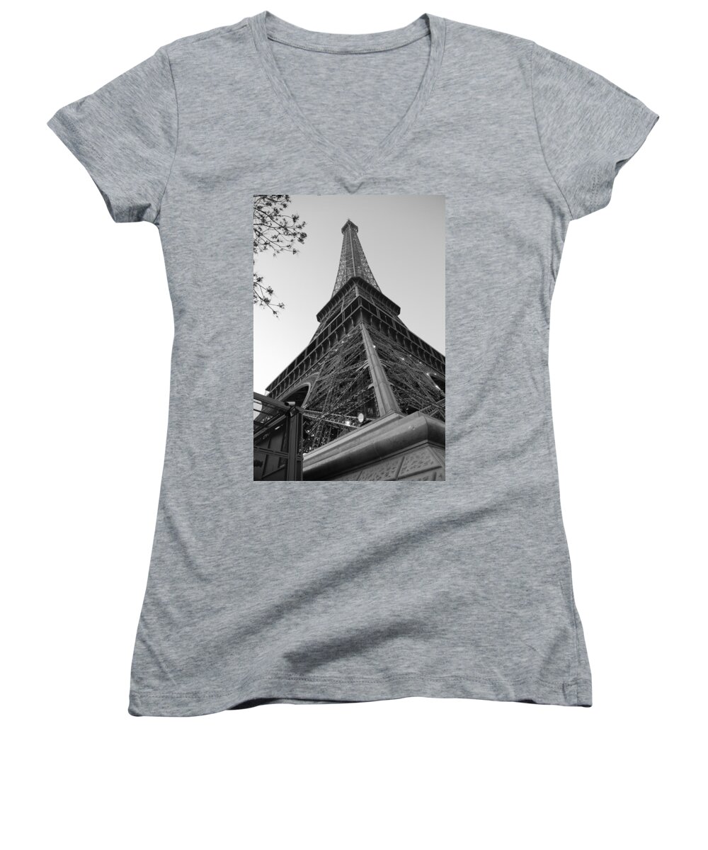 Eiffel Tower Women's V-Neck featuring the photograph Eiffel Tower in Black and White by Jennifer Ancker