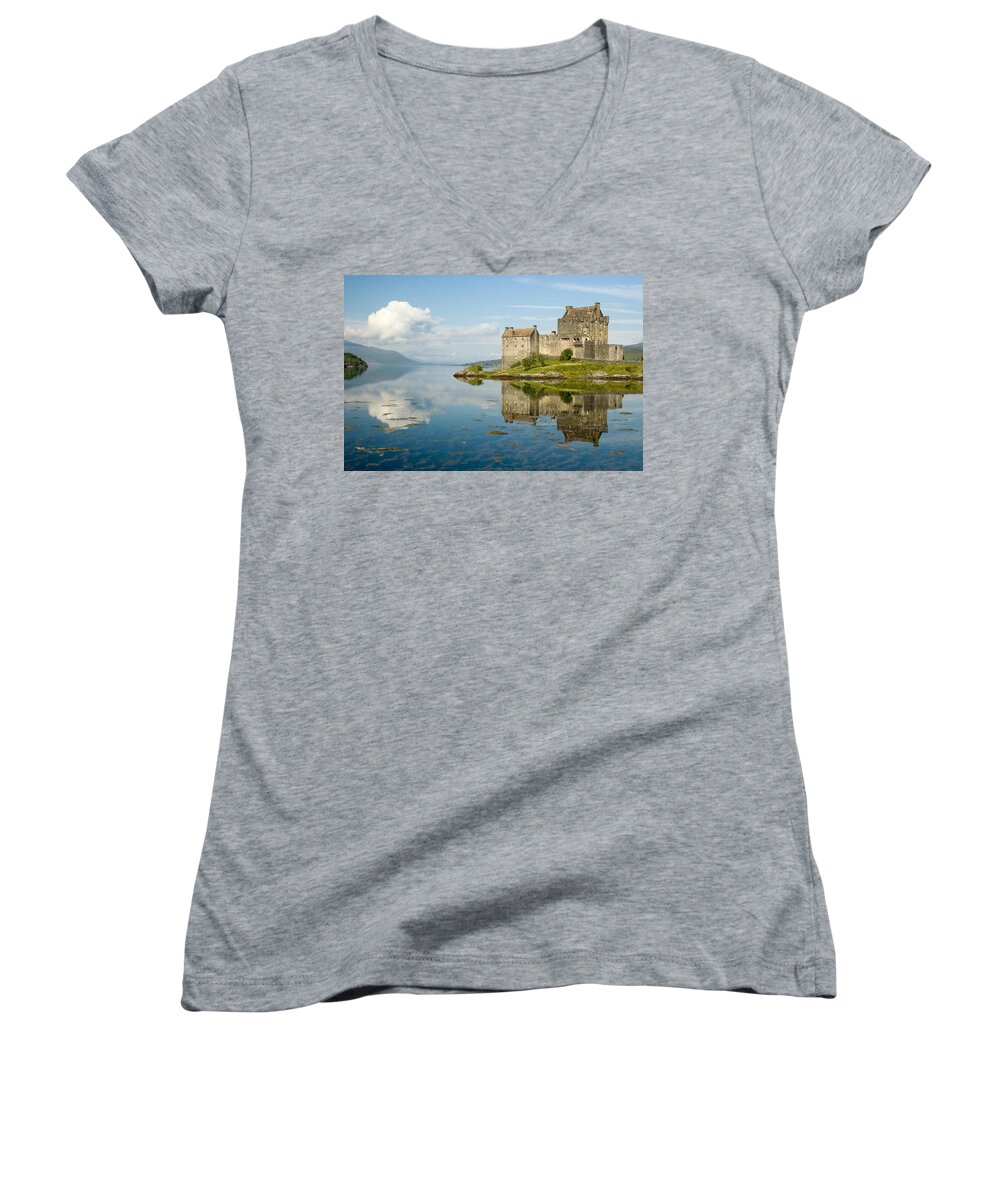 Eilean Women's V-Neck featuring the photograph Eilean Donan Castle by Jeremy Voisey