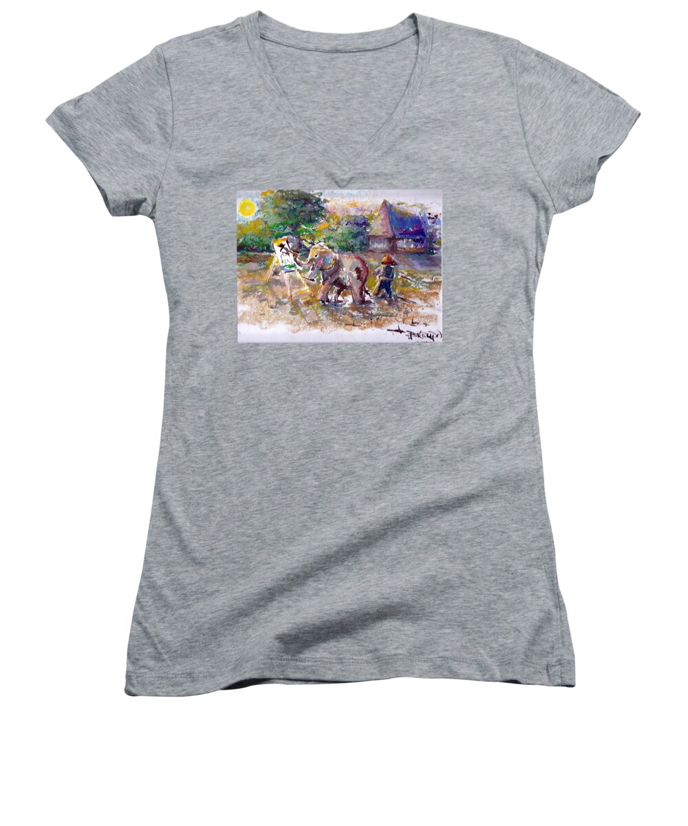 Elephant Women's V-Neck featuring the painting Elephant Painting - Suda I by Bernadette Krupa