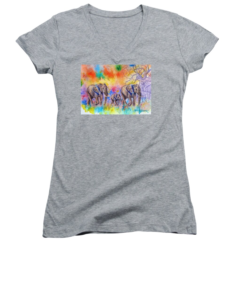 African Paintings Women's V-Neck featuring the painting Elephants on the Move by Joseph Thiongo