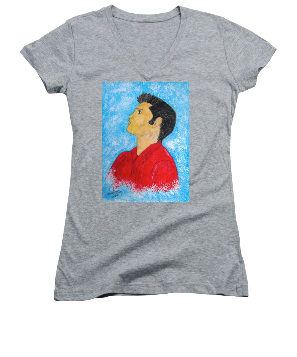 Elvis Presely Women's V-Neck featuring the painting Elvis Presley Singing by Kathy Marrs Chandler