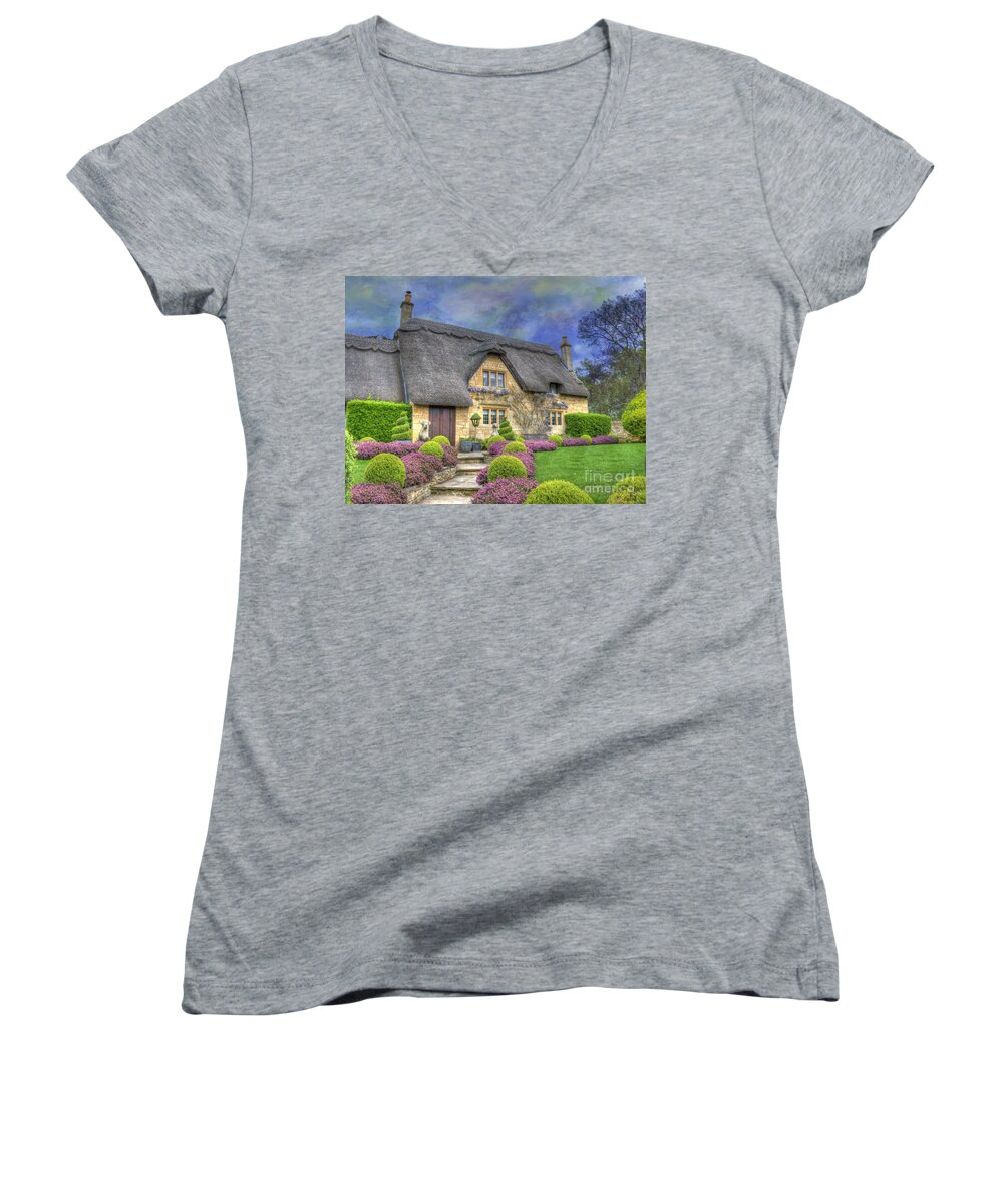 Architecture Women's V-Neck featuring the photograph English Country Cottage by Juli Scalzi