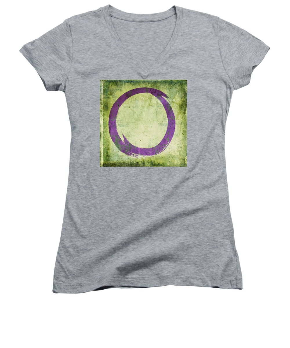 Purple Women's V-Neck featuring the painting Enso No. 108 Purple on Green by Julie Niemela