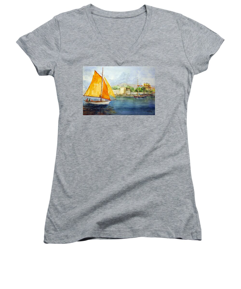 Sails Women's V-Neck featuring the painting Entering the Port - Foca Izmir by Faruk Koksal